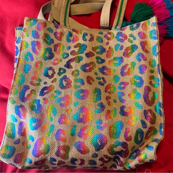 Rainbow metallic leopard handstamped jute tote with adjustable, cross body nwot - Picture 7 of 13